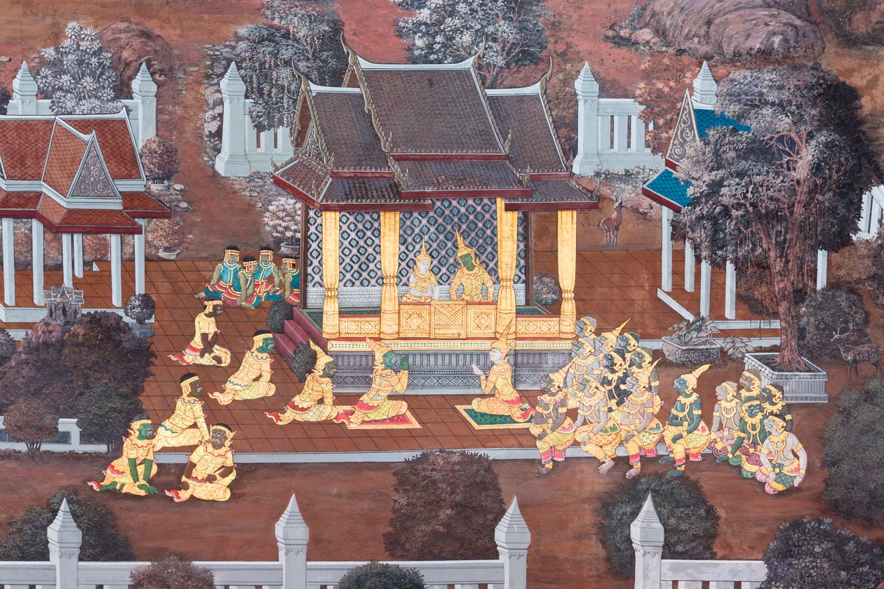 Vægmaleri, der viser scener fra Ramayana ved Wat Phra Kaeo, Royal Grand Palace, Bangkok, Thailand af Thai School