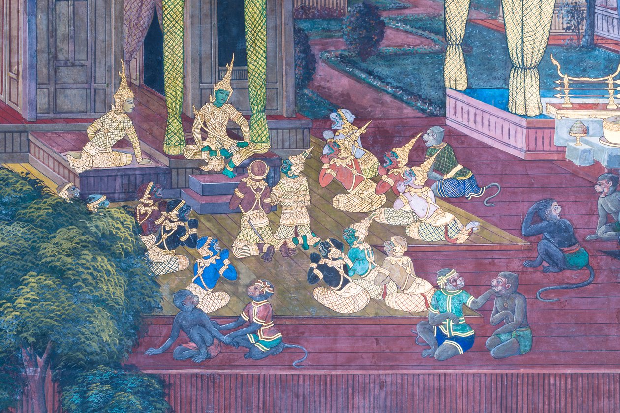 Vægmaleri, der viser scener fra Ramayana ved Wat Phra Kaeo, Royal Grand Palace, Bangkok, Thailand af Thai School