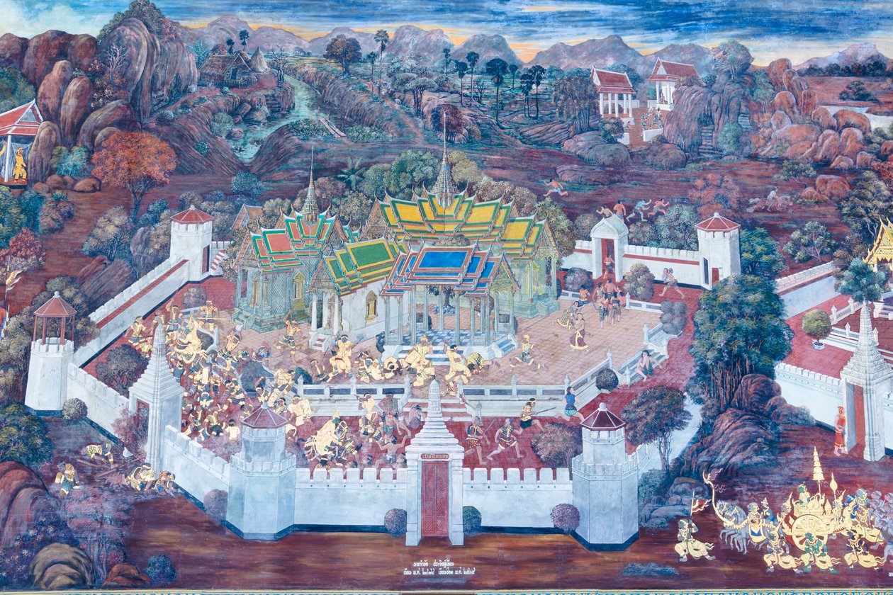 Vægmaleri, der viser scener fra Ramayana ved Wat Phra Kaeo, Royal Grand Palace, Bangkok, Thailand af Thai School