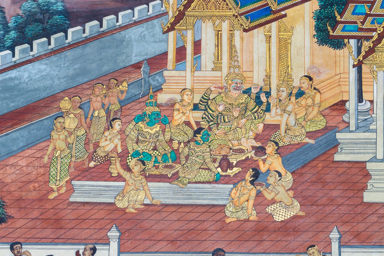 Vægmaleri, der viser scener fra Ramayana ved Wat Phra Kaeo, Royal Grand Palace, Bangkok, Thailand af Thai School