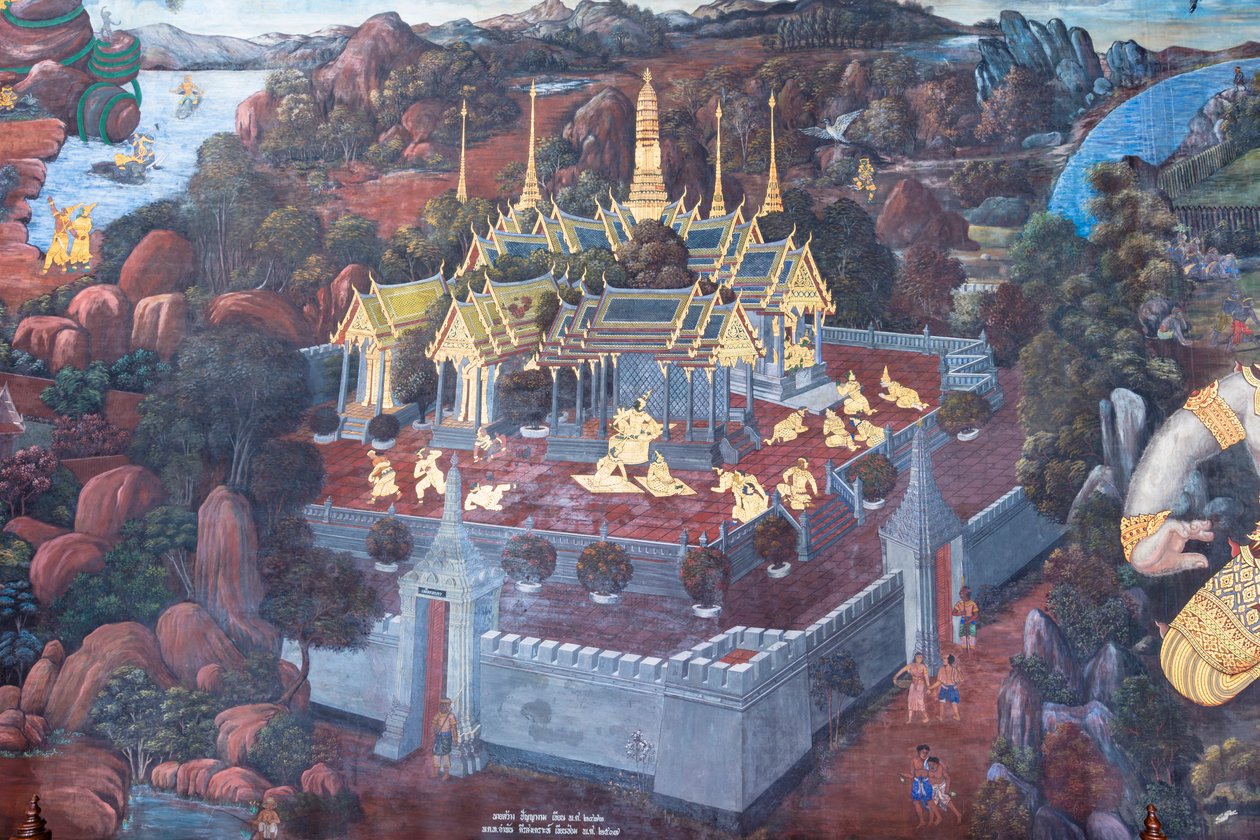 Vægmaleri, der viser scener fra Ramayana ved Wat Phra Kaeo, Royal Grand Palace, Bangkok, Thailand af Thai School