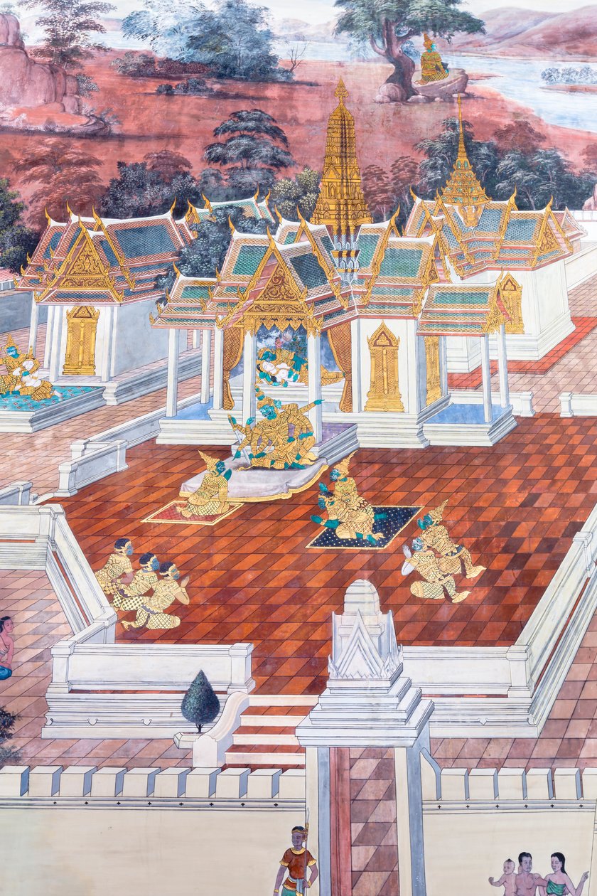 Vægmaleri, der viser scener fra Ramayana ved Wat Phra Kaeo, Royal Grand Palace, Bangkok, Thailand af Thai School