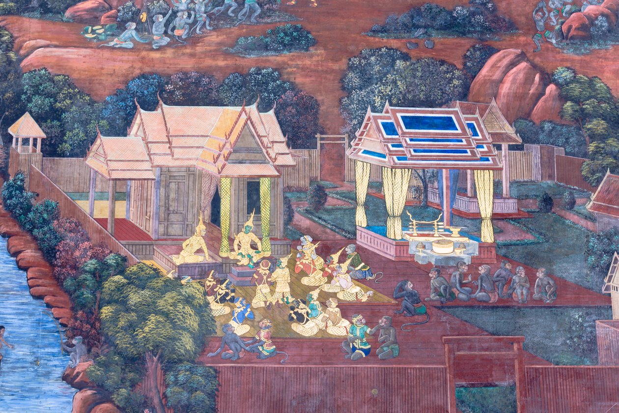 Vægmaleri, der viser scener fra Ramayana ved Wat Phra Kaeo, Royal Grand Palace, Bangkok, Thailand af Thai School