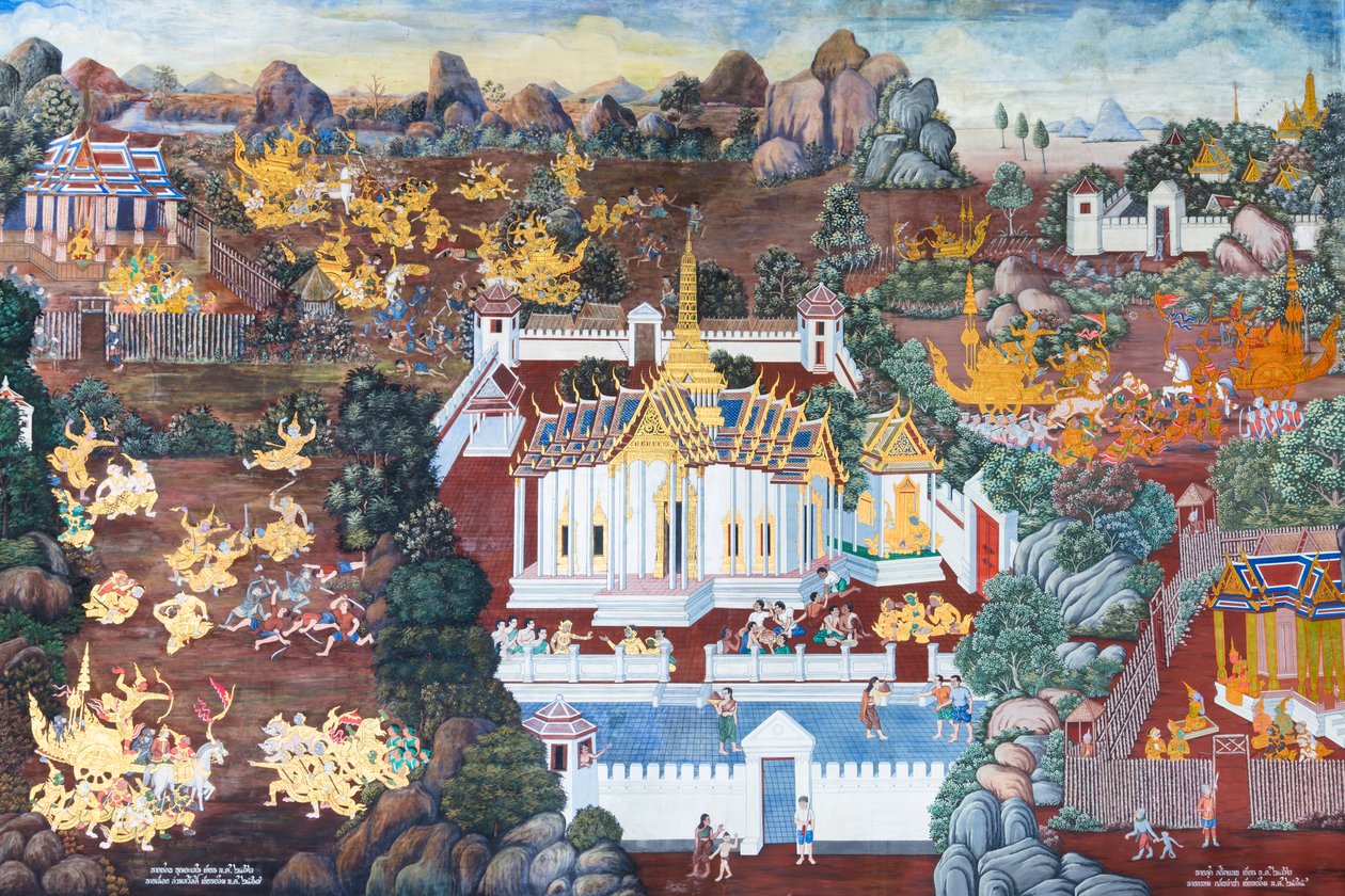 Vægmaleri, der viser scener fra Ramayana ved Wat Phra Kaeo, Royal Grand Palace, Bangkok, Thailand af Thai School