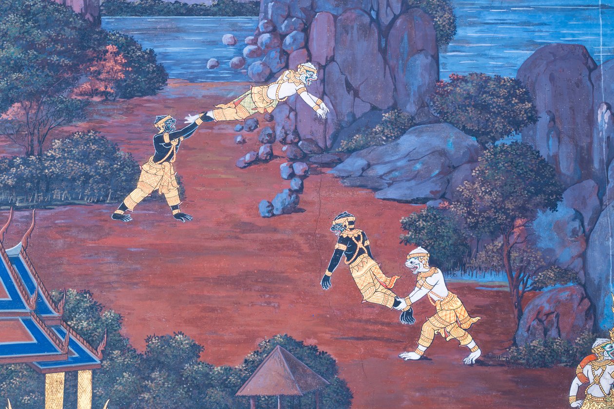Vægmaleri, der viser scener fra Ramayana ved Wat Phra Kaeo, Royal Grand Palace, Bangkok, Thailand af Thai School