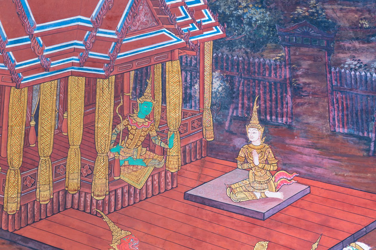 Vægmaleri, der viser scener fra Ramayana ved Wat Phra Kaeo, Royal Grand Palace, Bangkok, Thailand af Thai School