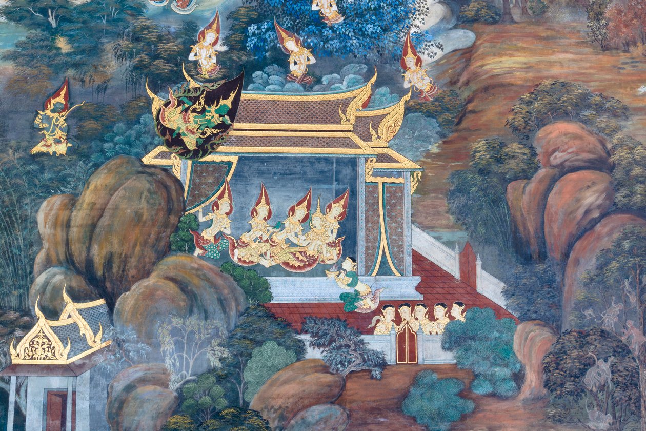 Vægmaleri, der viser scener fra Ramayana ved Wat Phra Kaeo, Royal Grand Palace, Bangkok, Thailand af Thai School