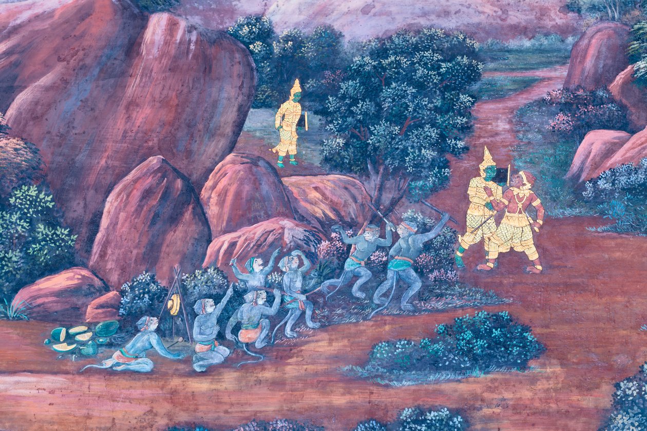 Vægmaleri, der viser scener fra Ramayana ved Wat Phra Kaeo, Royal Grand Palace, Bangkok, Thailand af Thai School