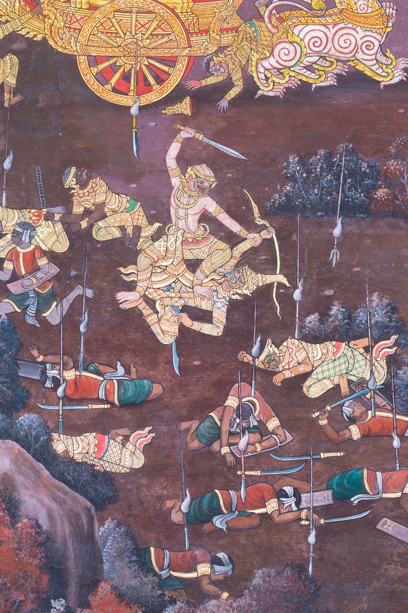 Vægmaleri, der viser scener fra Ramayana ved Wat Phra Kaeo, Royal Grand Palace, Bangkok, Thailand af Thai School