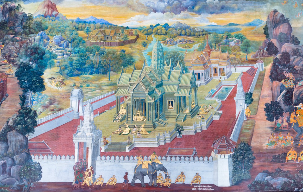 Vægmaleri, der viser scener fra Ramayana ved Wat Phra Kaeo, Royal Grand Palace, Bangkok, Thailand af Thai School