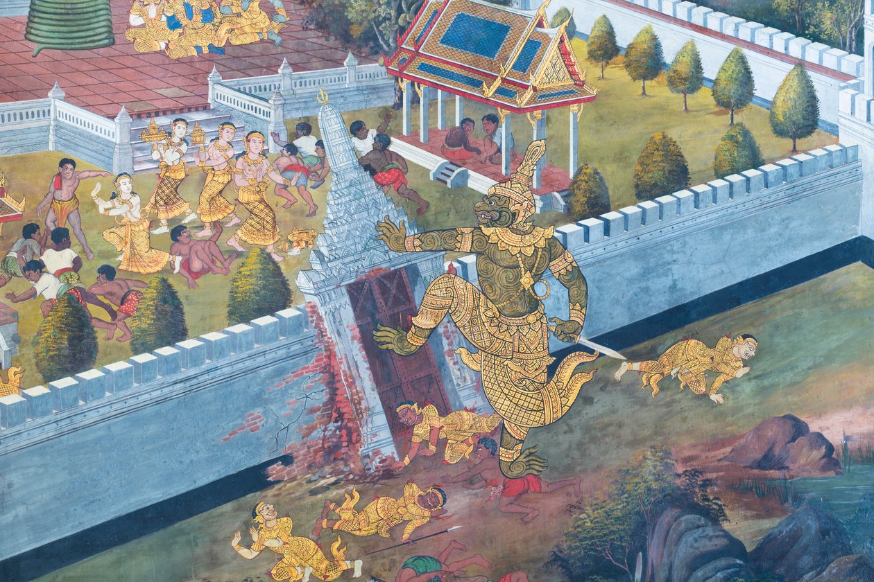 Vægmaleri, der viser scener fra Ramayana ved Wat Phra Kaeo, Royal Grand Palace, Bangkok, Thailand af Thai School