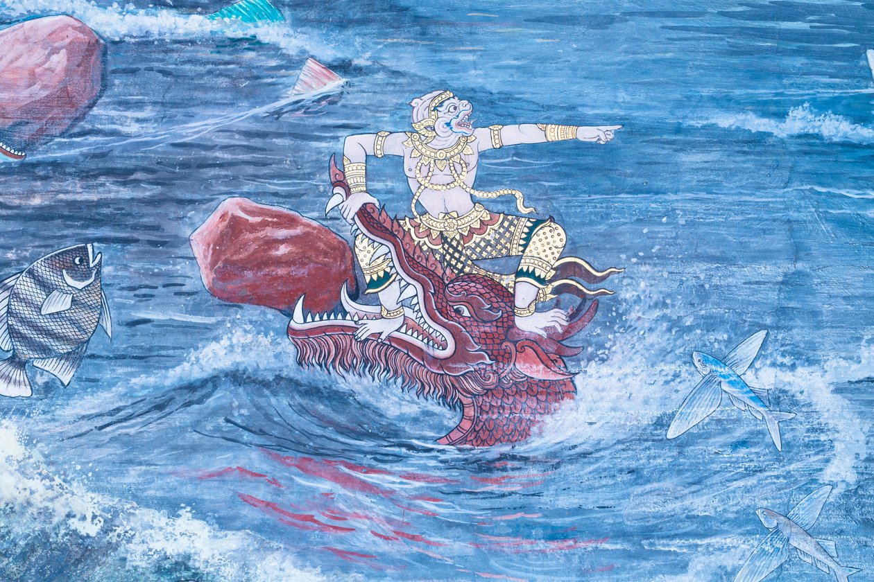 Vægmaleri, der viser scener fra Ramayana ved Wat Phra Kaeo, Royal Grand Palace, Bangkok, Thailand af Thai School