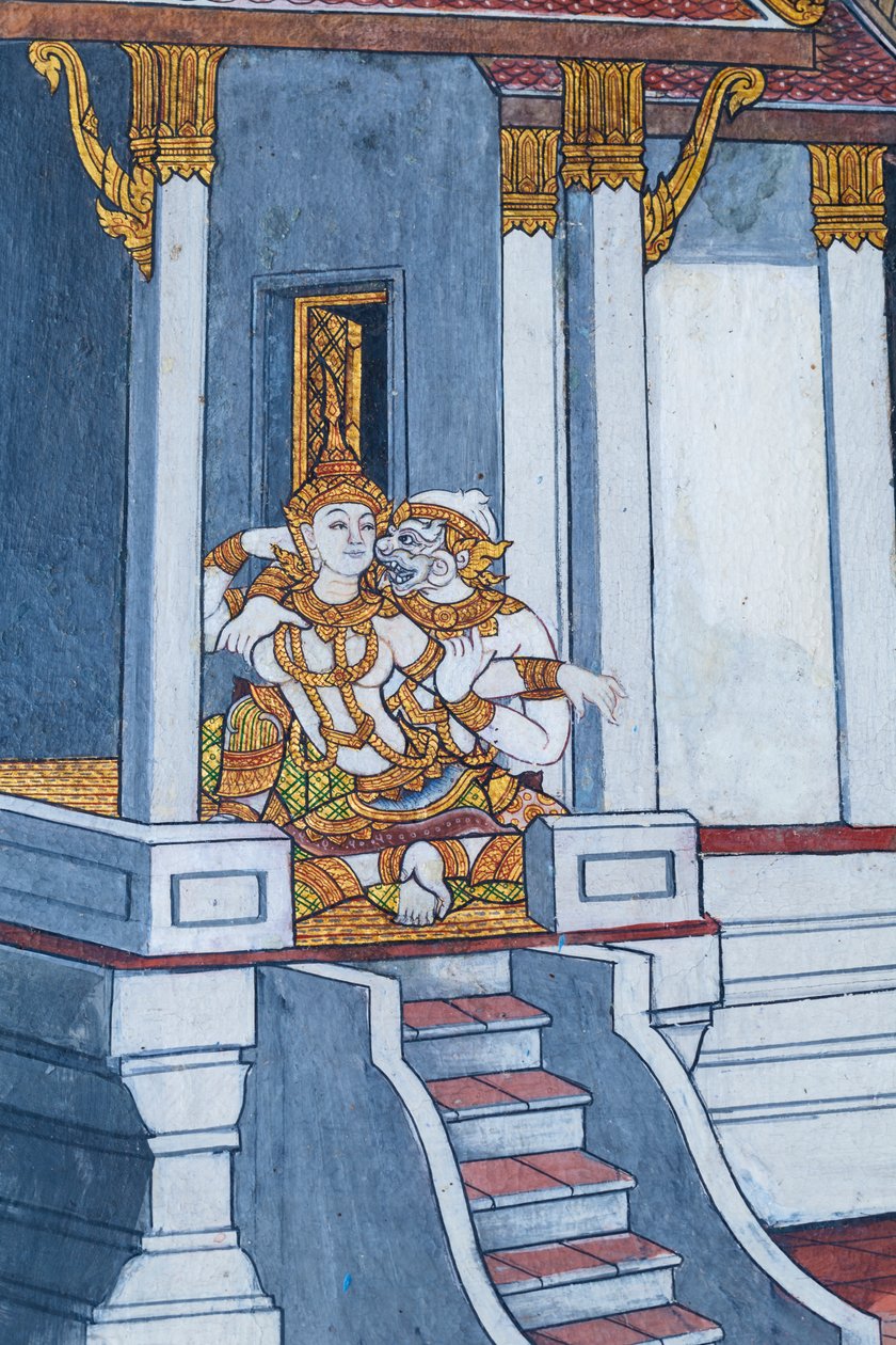 Vægmaleri, der viser scener fra Ramayana ved Wat Phra Kaeo, Royal Grand Palace, Bangkok, Thailand af Thai School