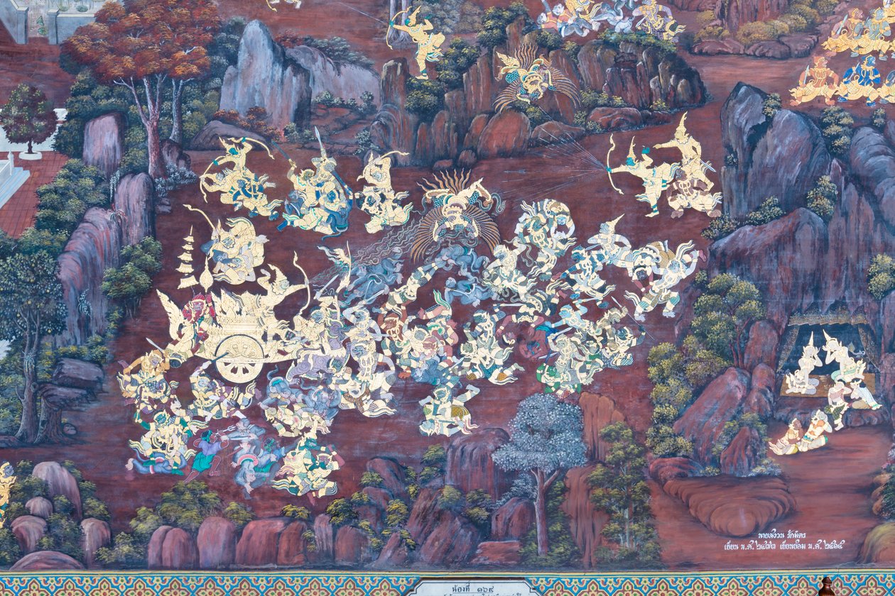 Vægmaleri, der viser scener fra Ramayana ved Wat Phra Kaeo, Royal Grand Palace, Bangkok, Thailand af Thai School
