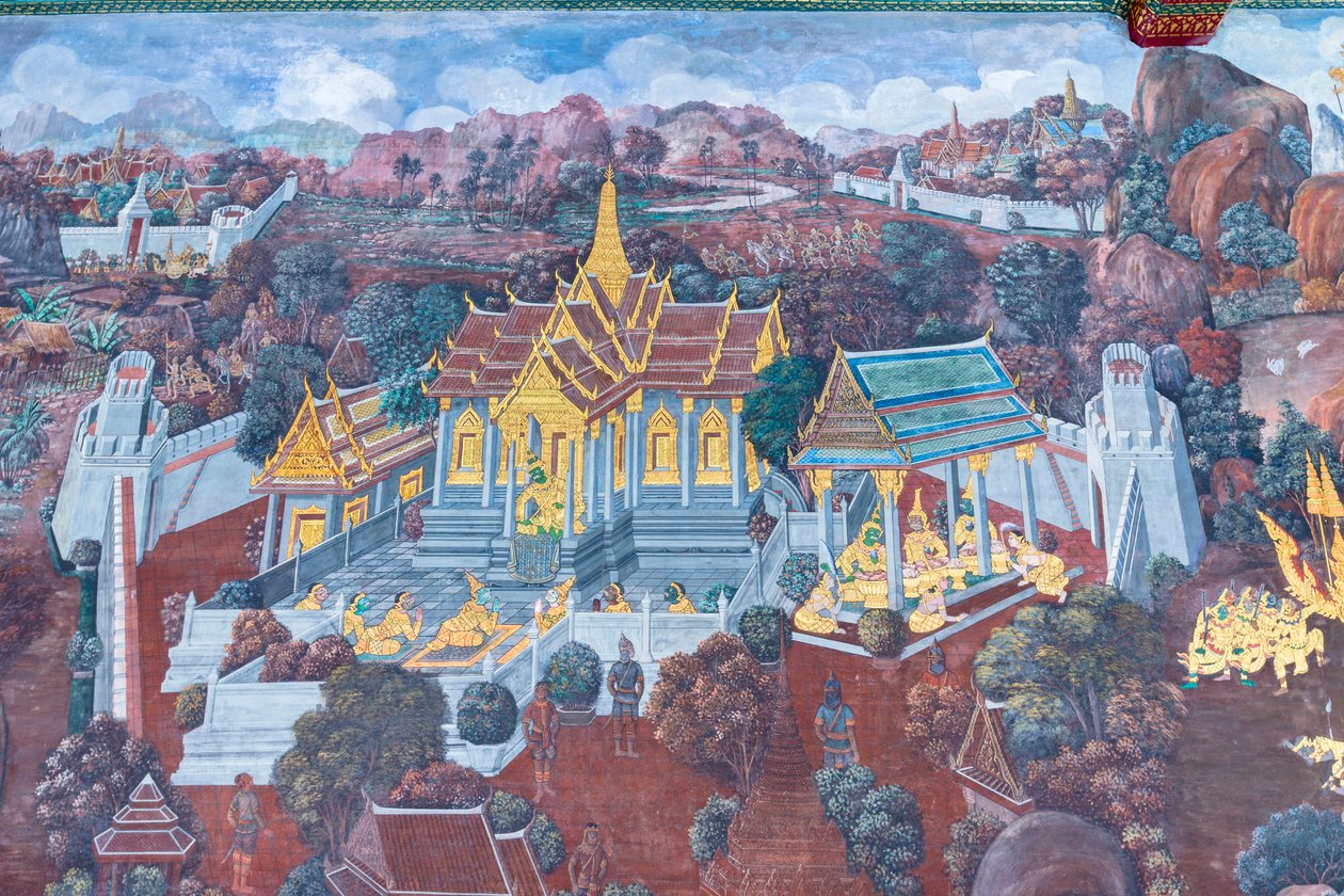 Vægmaleri, der viser scener fra Ramayana ved Wat Phra Kaeo, Royal Grand Palace, Bangkok, Thailand af Thai School