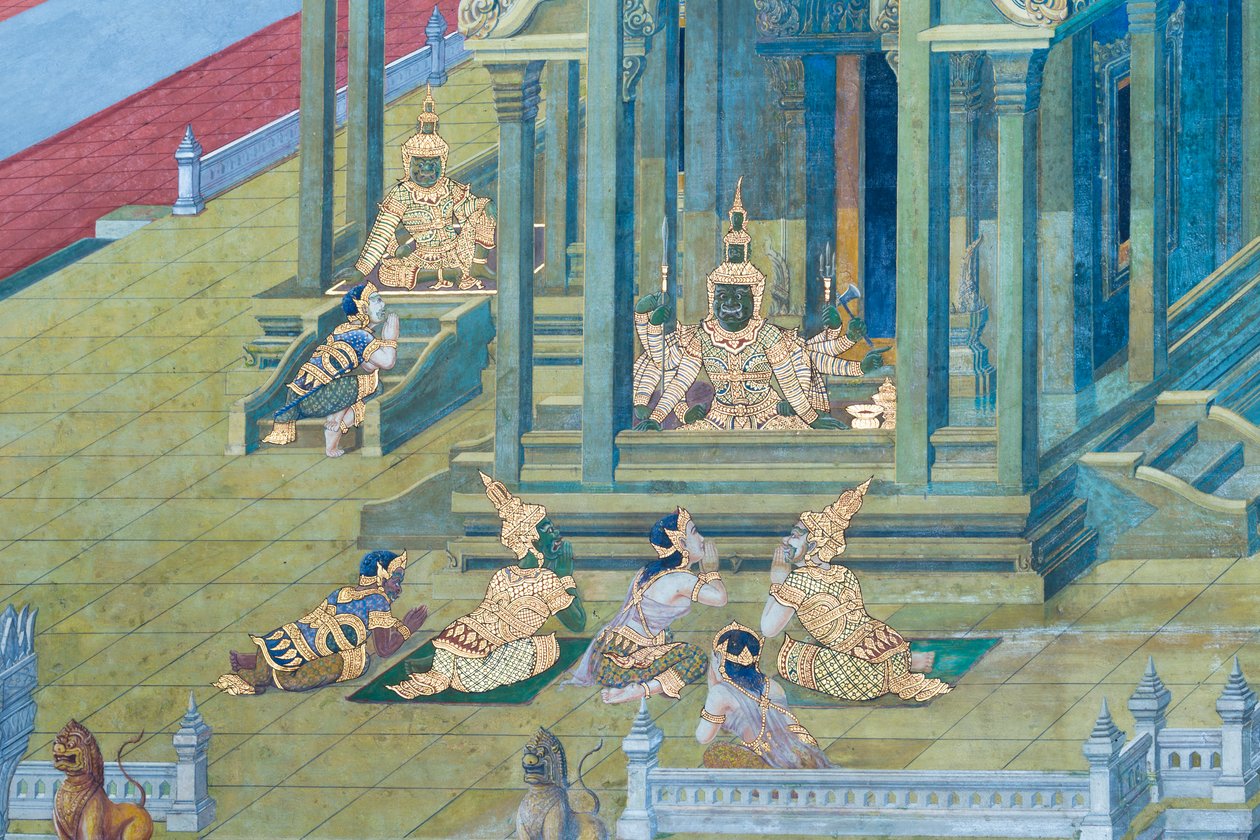 Vægmaleri, der viser scener fra Ramayana ved Wat Phra Kaeo, Royal Grand Palace, Bangkok, Thailand af Thai School