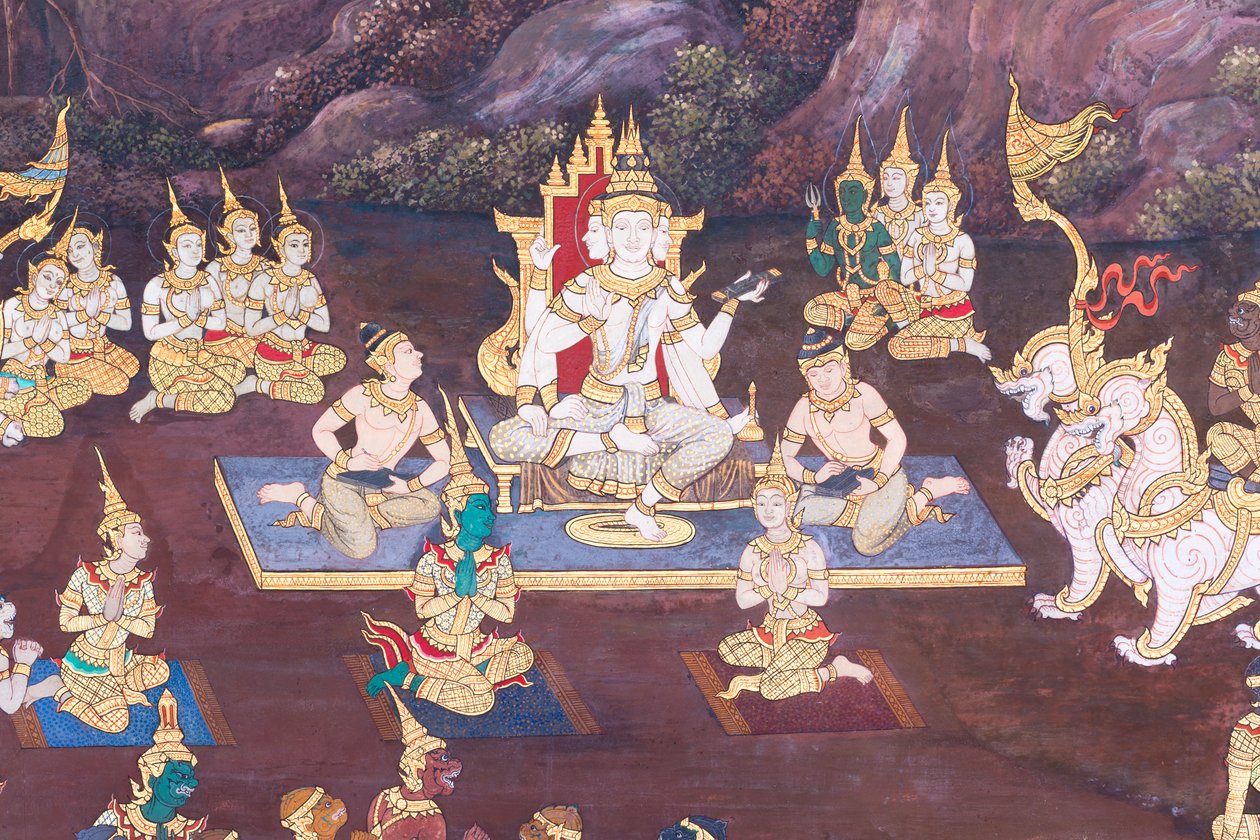 Vægmaleri, der viser scener fra Ramayana ved Wat Phra Kaeo, Royal Grand Palace, Bangkok, Thailand af Thai School