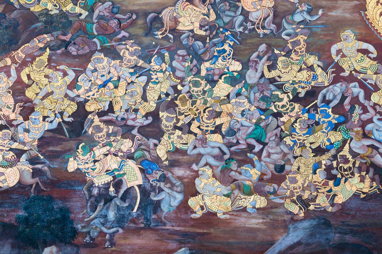 Vægmaleri, der viser scener fra Ramayana ved Wat Phra Kaeo, Royal Grand Palace, Bangkok, Thailand af Thai School