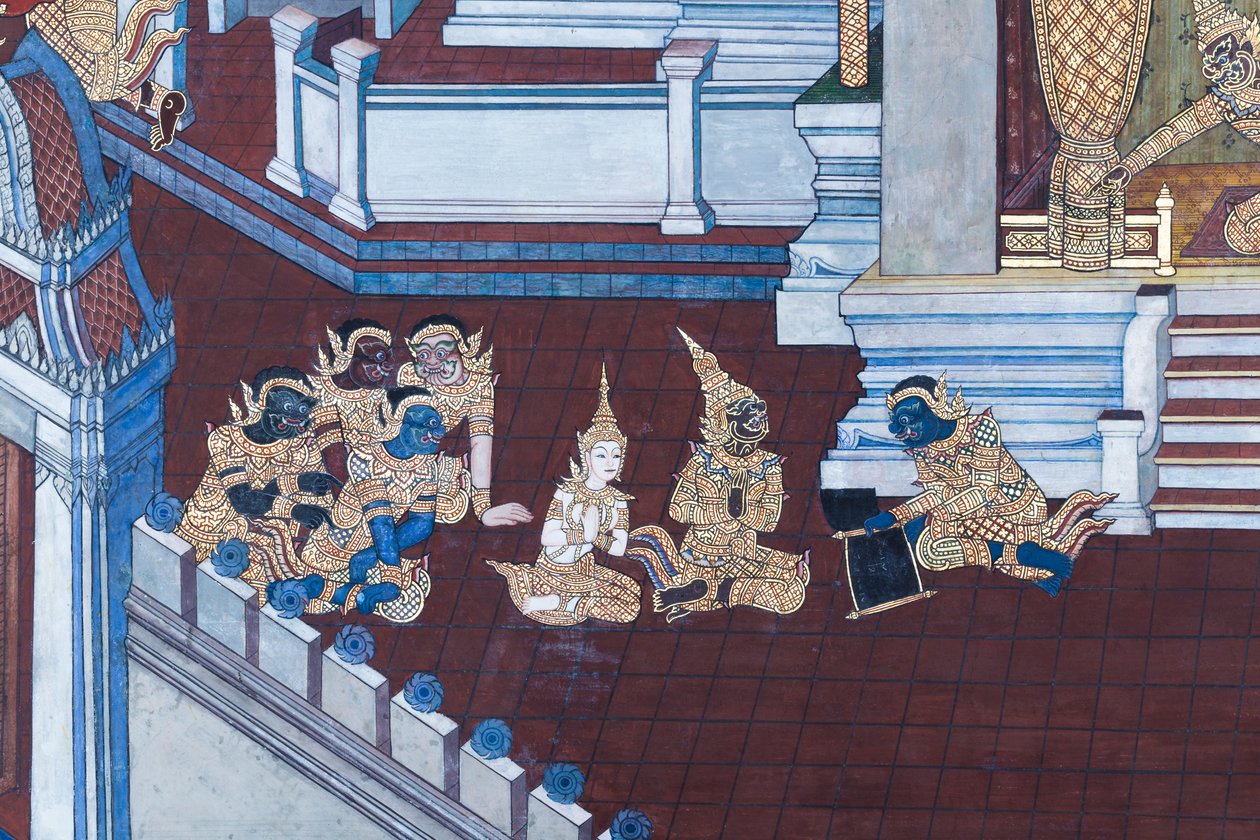 Vægmaleri, der viser scener fra Ramayana ved Wat Phra Kaeo, Royal Grand Palace, Bangkok, Thailand af Thai School