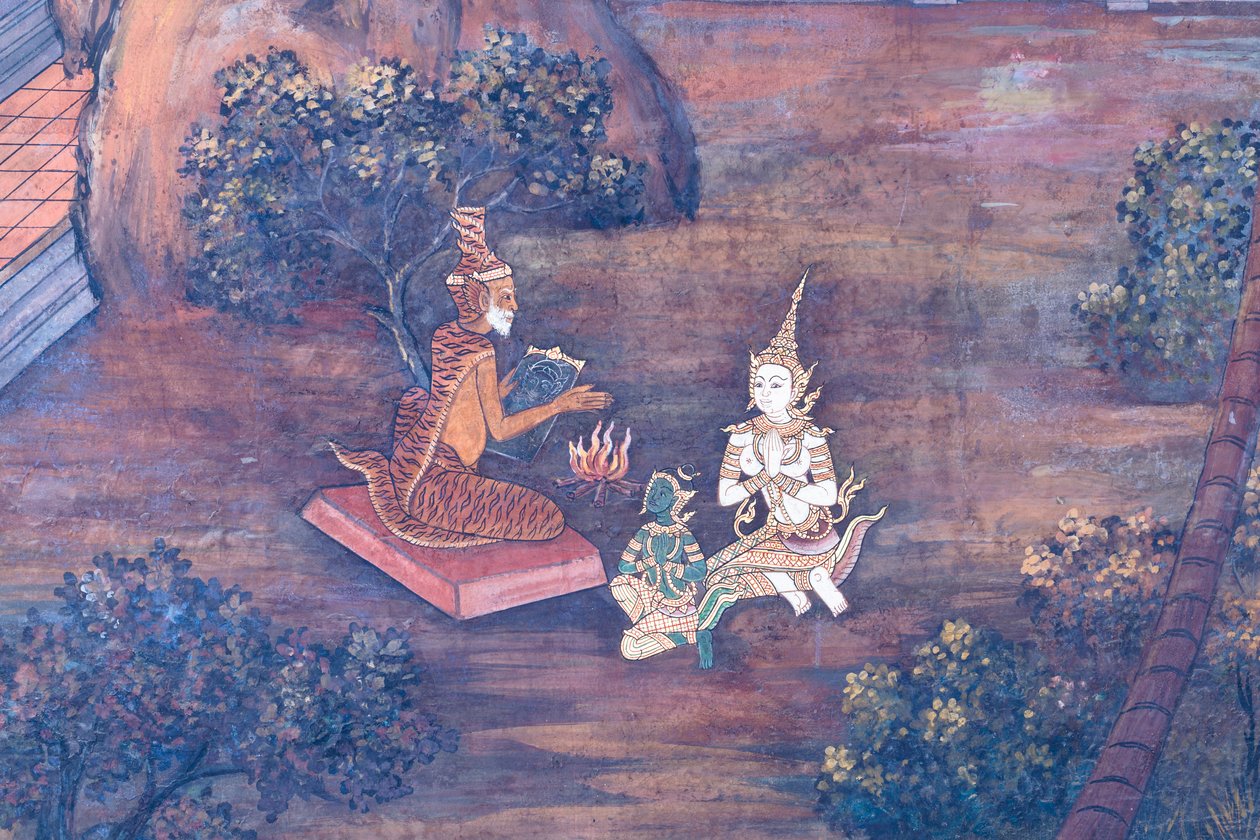 Vægmaleri, der viser scener fra Ramayana ved Wat Phra Kaeo, Royal Grand Palace, Bangkok, Thailand af Thai School