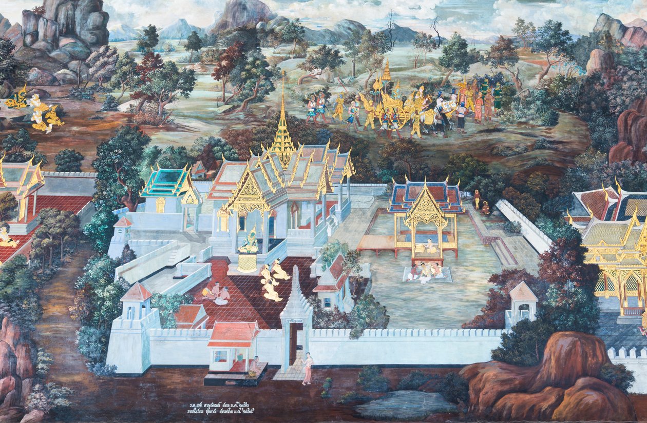 Vægmaleri, der viser scener fra Ramayana ved Wat Phra Kaeo, Royal Grand Palace, Bangkok, Thailand af Thai School