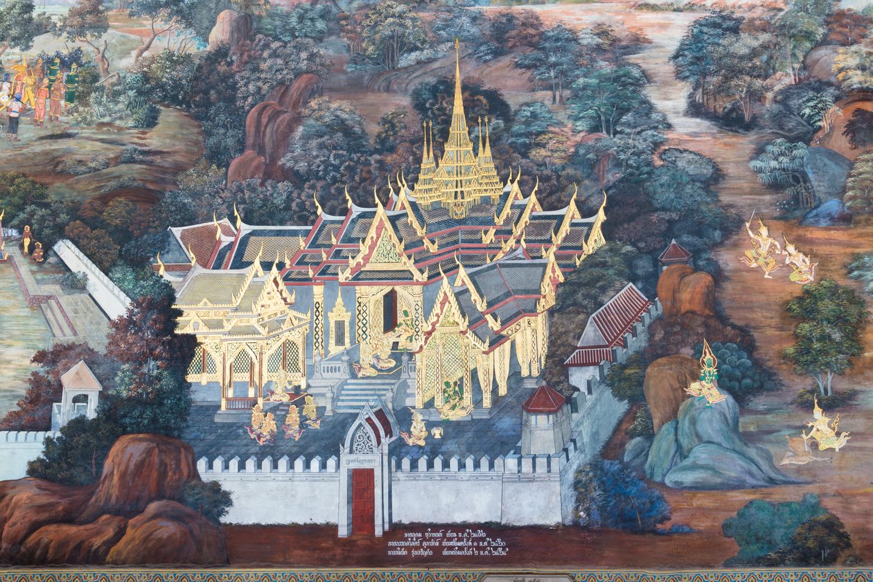 Vægmaleri, der viser scener fra Ramayana ved Wat Phra Kaeo, Royal Grand Palace, Bangkok, Thailand af Thai School