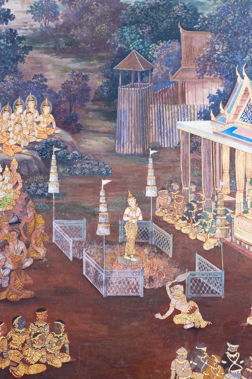 Vægmaleri, der viser scener fra Ramayana ved Wat Phra Kaeo, Royal Grand Palace, Bangkok, Thailand af Thai School