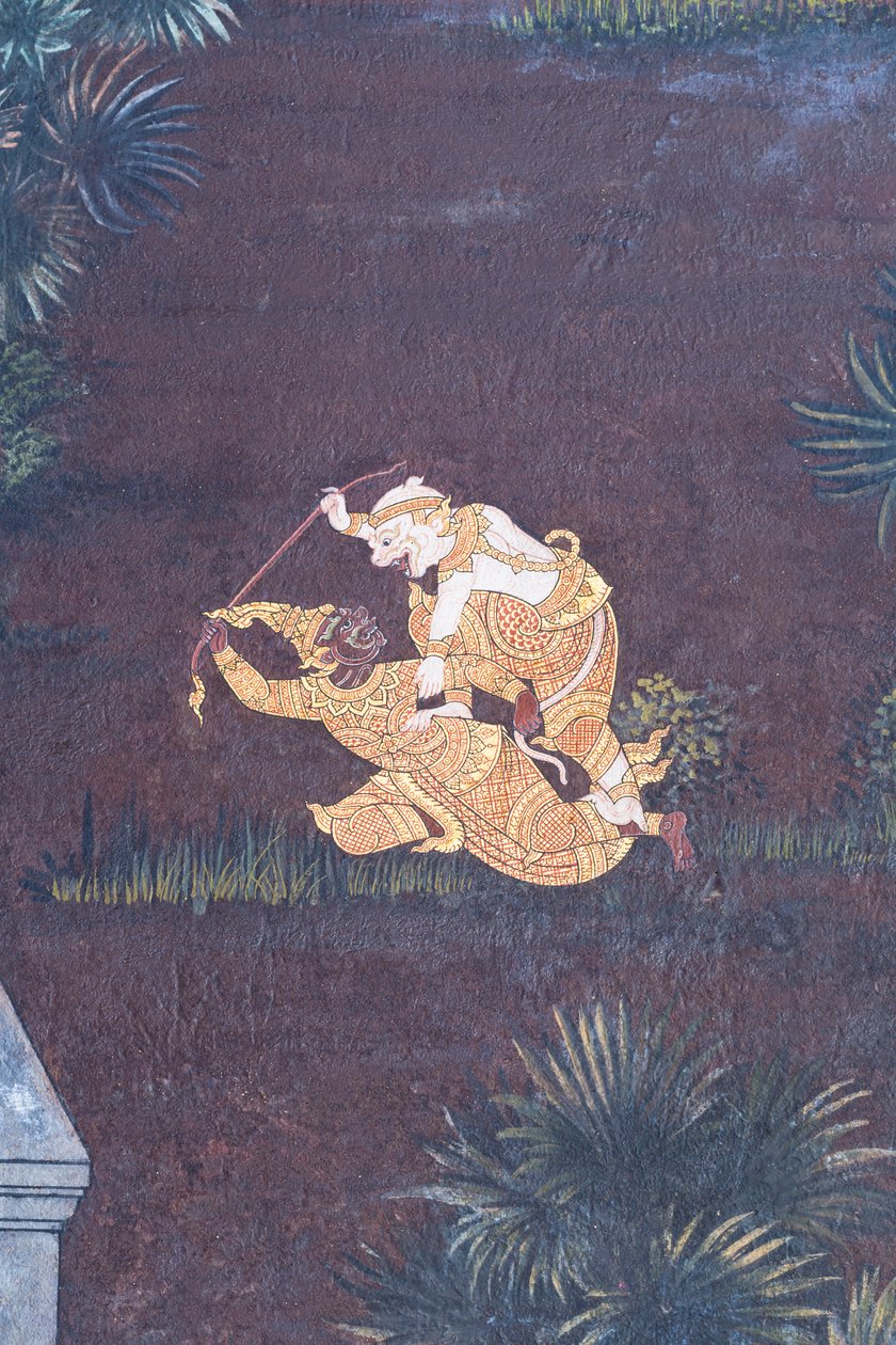 Vægmaleri, der viser scener fra Ramayana ved Wat Phra Kaeo, Royal Grand Palace, Bangkok, Thailand af Thai School