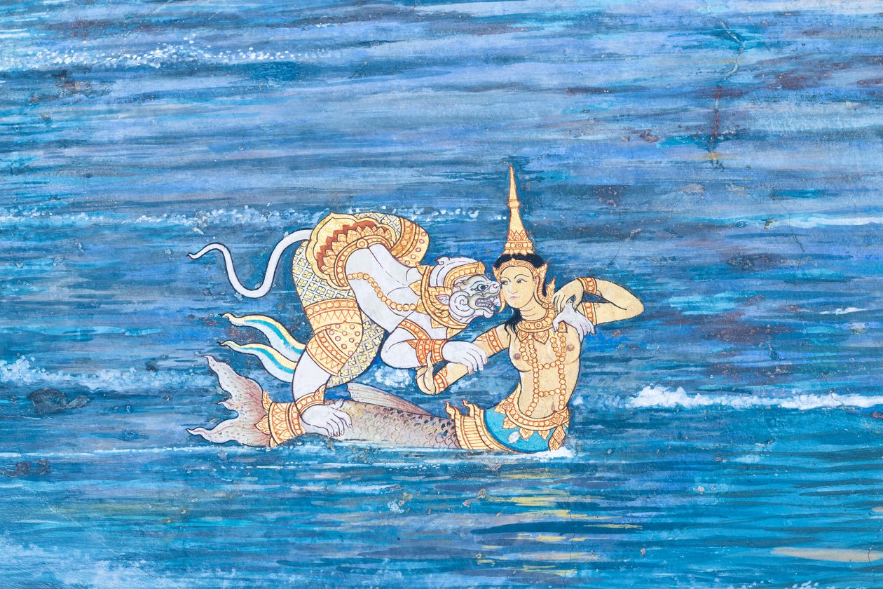 Vægmaleri, der viser scener fra Ramayana ved Wat Phra Kaeo, Royal Grand Palace, Bangkok, Thailand af Thai School