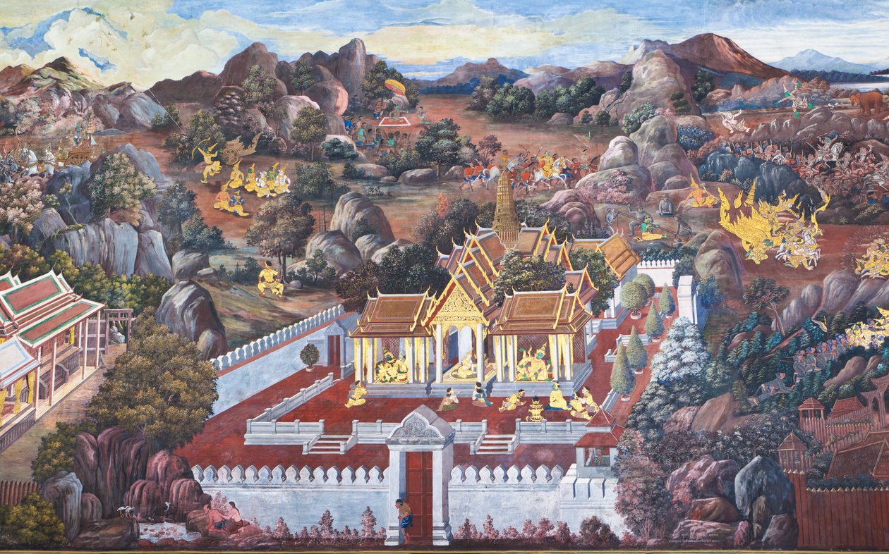 Vægmalerier, der viser scener fra Ramakian ved Wat Phra Kaeo, Royal Grand Palace, Bangkok, Thailand af Thai School