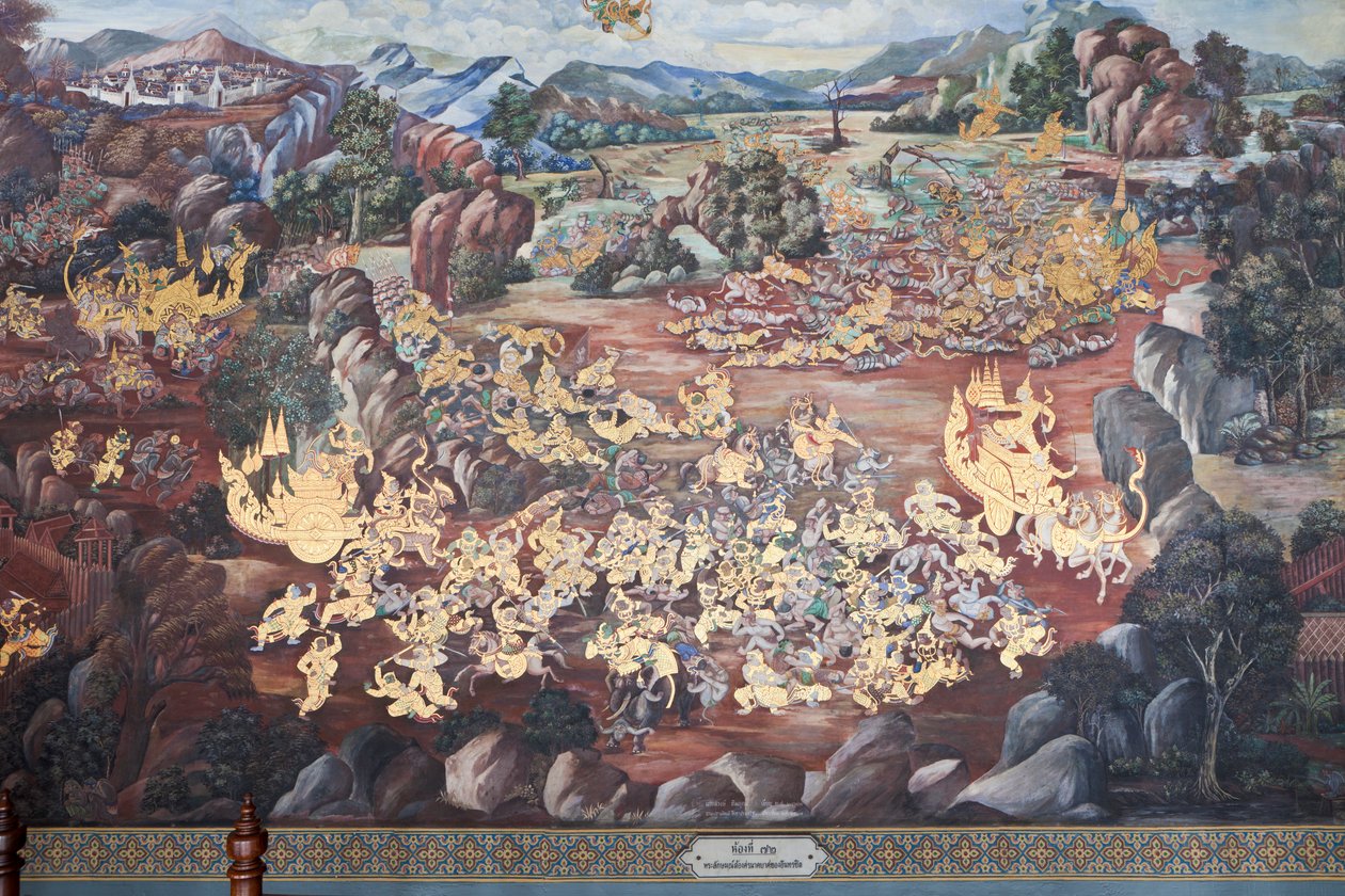 Vægmalerier, der viser scener fra Ramakian ved Wat Phra Kaeo, Royal Grand Palace, Bangkok, Thailand af Thai School