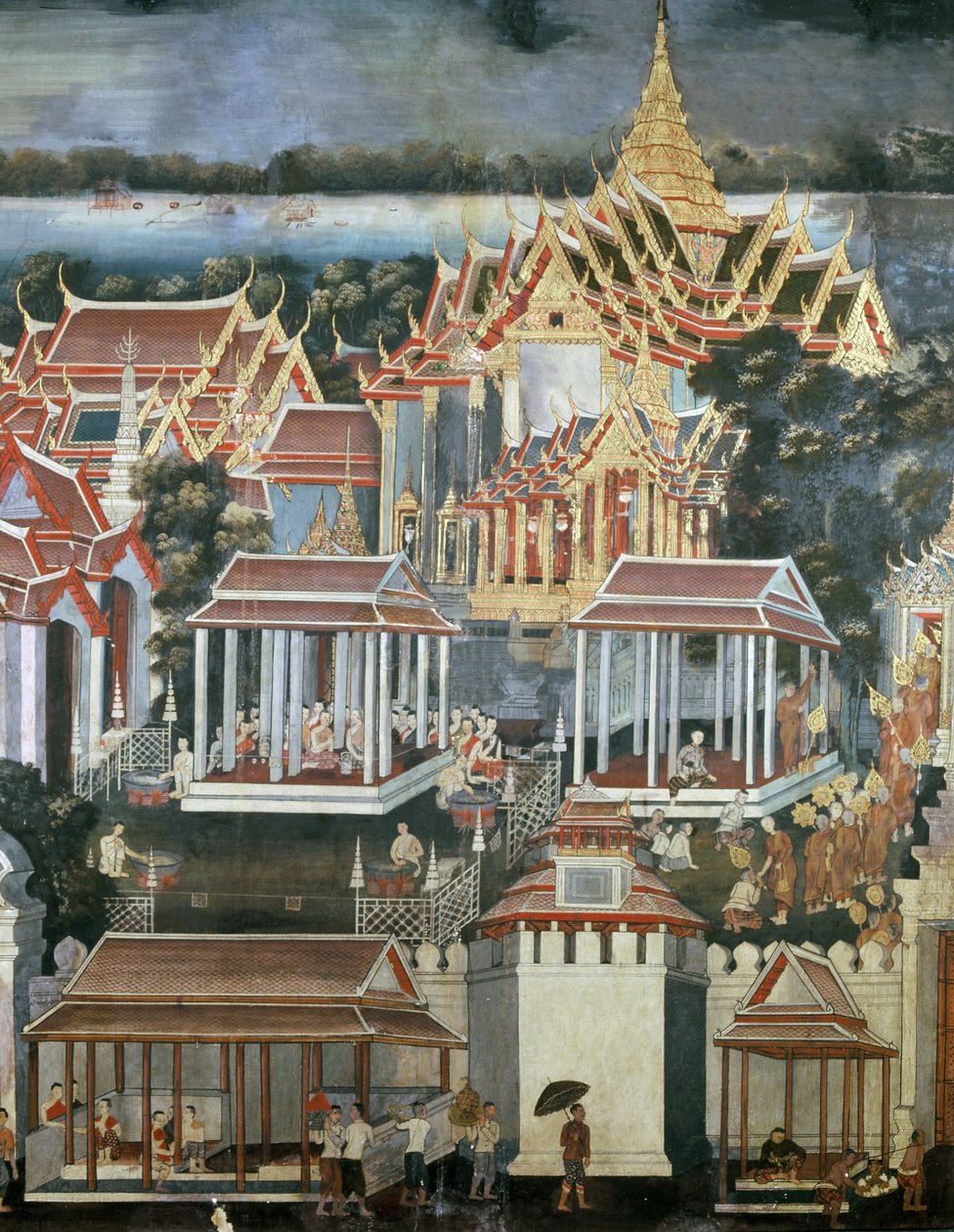 Ofringer givet til munke i Temple of the Emerald Buddha, 1864 (vægmaleri) af Thai School