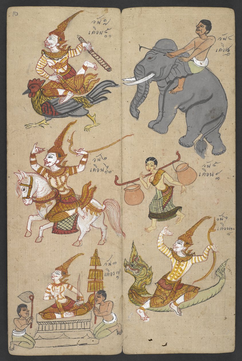 Eller 16455 f.10r, Dyr fra Zodiac, fra Phrommachat (pergament) af Thai School