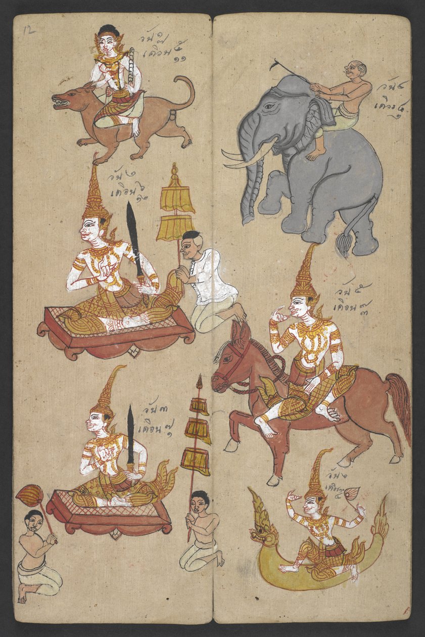Eller 16455 f.12r, Dyr fra Zodiac, fra Phrommachat (pergament) af Thai School