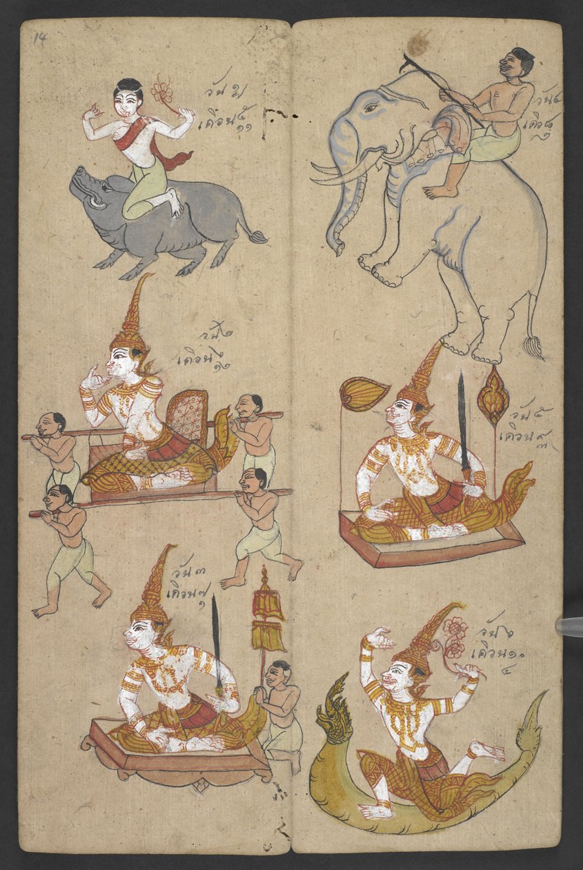 Eller 16455 f.14r, Dyr fra Zodiac, fra Phrommachat (pergament) af Thai School