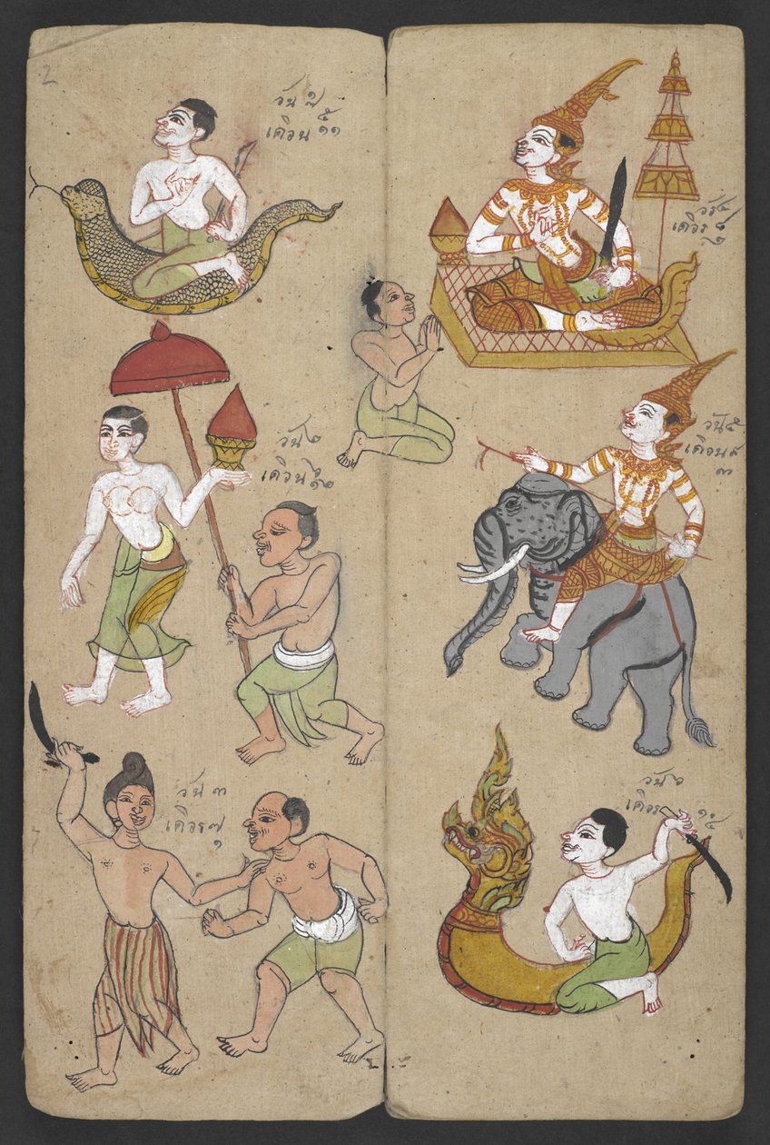 Eller 16455 f.2r, Dyr fra Zodiac, fra Phrommachat (pergament) af Thai School