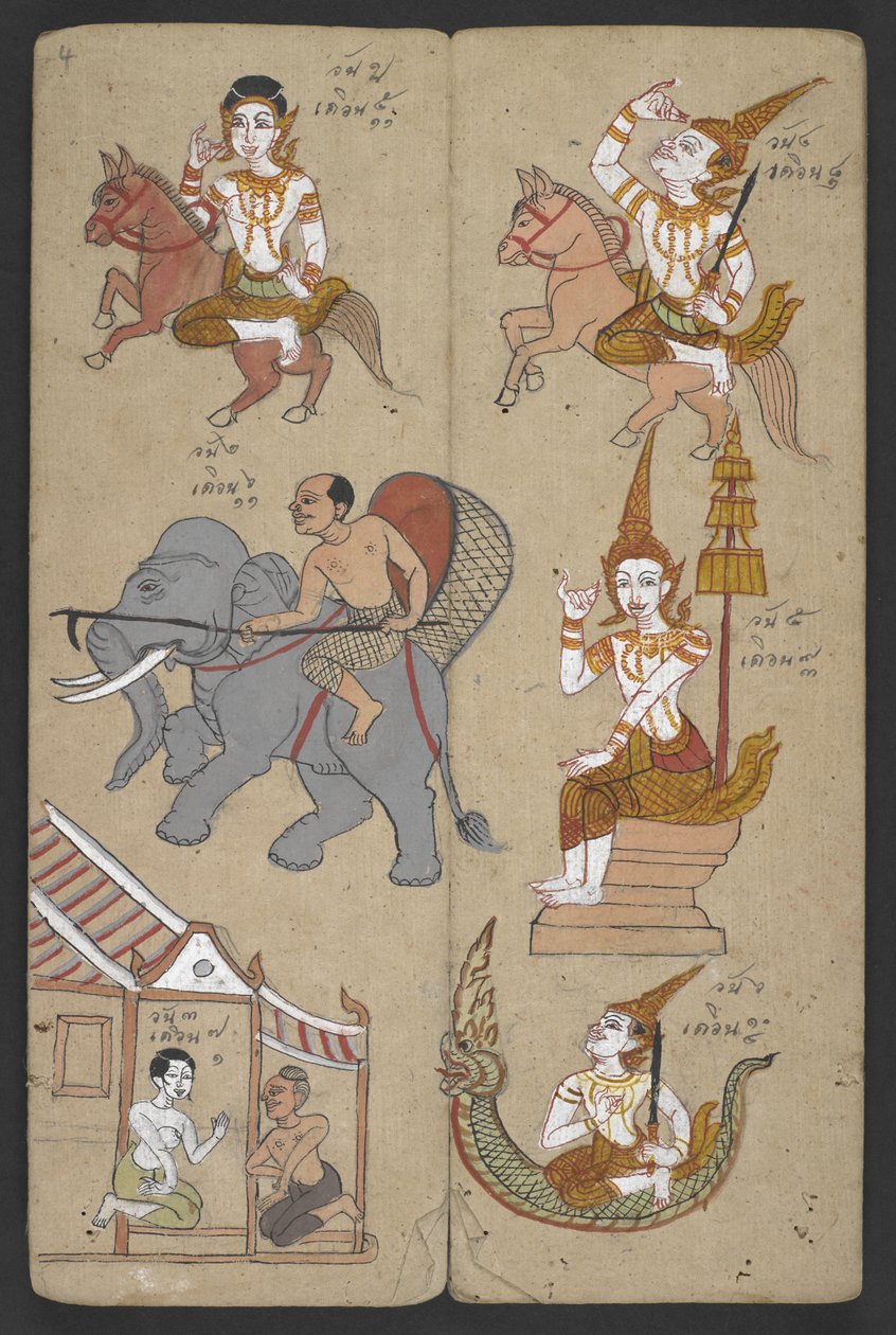 Eller 16455 f.4r, Dyr fra Zodiac, fra Phrommachat (pergament) af Thai School