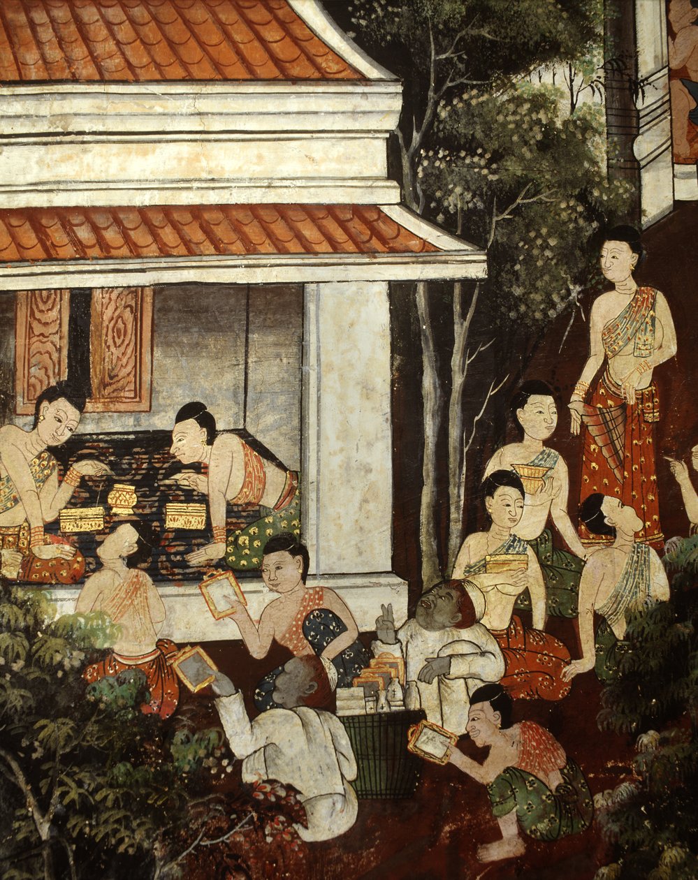 Paladsdamer køber smykker og spejle fra muslimske købmænd, Rattanakosin-stil (vægmaleri) af Thai School