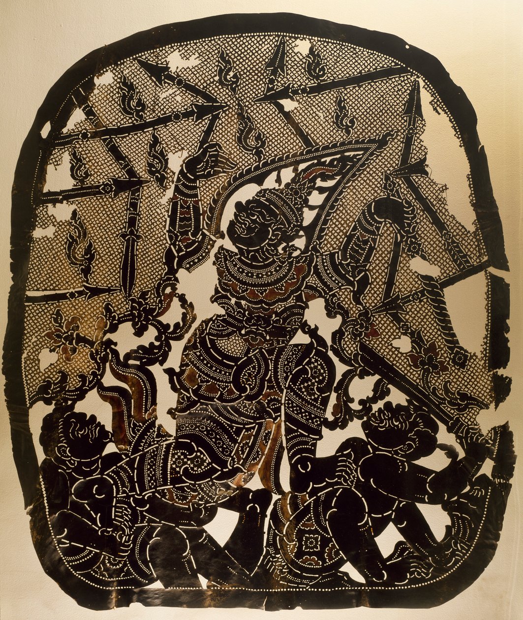 Scene fra Nang Yai skyggedukketeater, der repræsenterer Virunjambang, hærgeneral Dasakantha, udskåret læderpanel, Thailand, Thai Civilization af Thai School