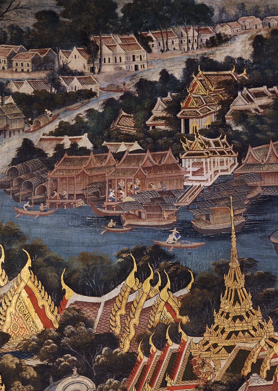 Udsigt over Bangkoks kongelige palads, Chao Phraya-floden og Tonburi, der viser thailandske træhuse og kinesiske boliger af mursten og stuk, 1864 (vægmaleri) af Thai School