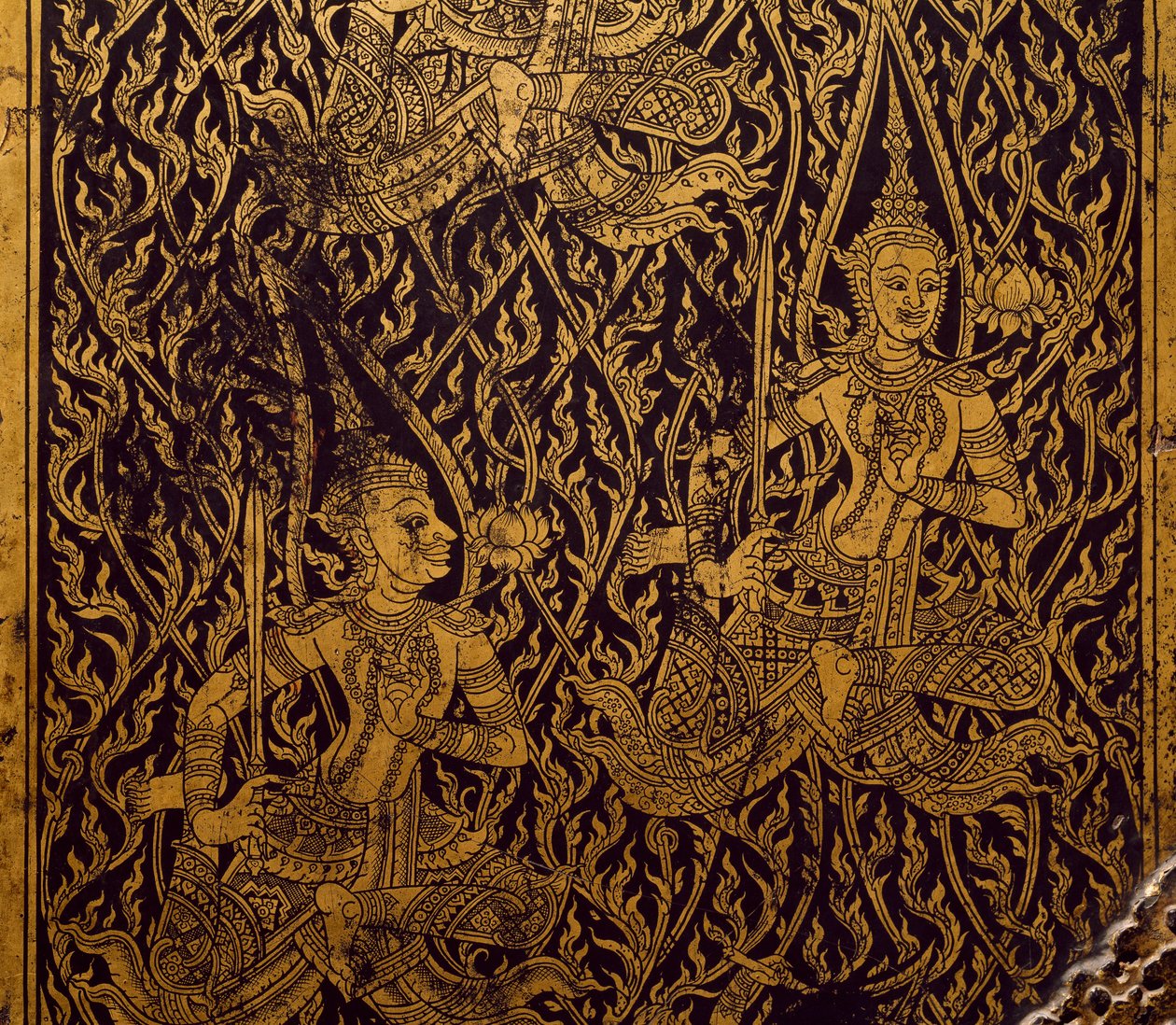 Garderobe til sutra, udskåret og lakeret træ, fra Bangkok, Thailand, Detail, Thai Civilization, begyndelsen af det 19. århundrede af Thai School
