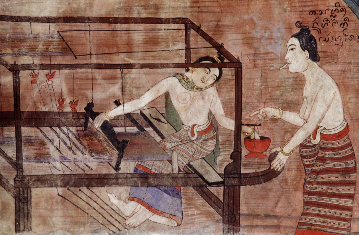 Kvinder væver (vægmaleri) af Thai School
