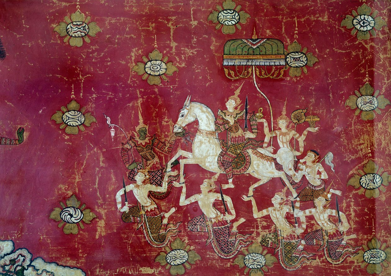 Buddhism: “” scene i Buddhas liv: Grand Depart ”” Detalje af et maleri på lærred fra Thailand. Sun 1,4x0,9 m Paris, Musee Guimet, Musee National des Arts Asians af Thai Thai
