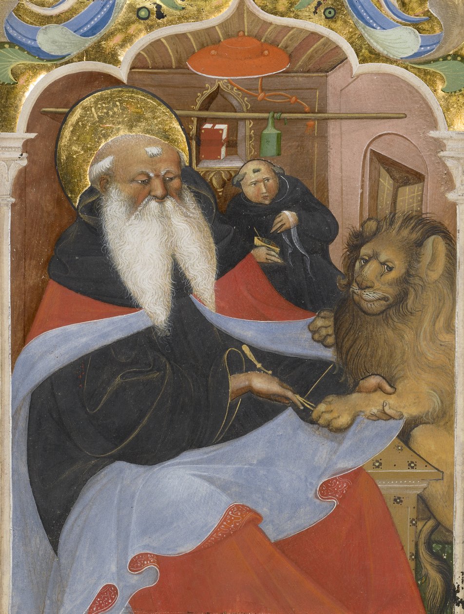 Sankt Hieronymus udvinder en torn fra en løvepote Ms 106, 1425-50 (tempera og bladguld på pergament) af The Master of the Murano Gradual