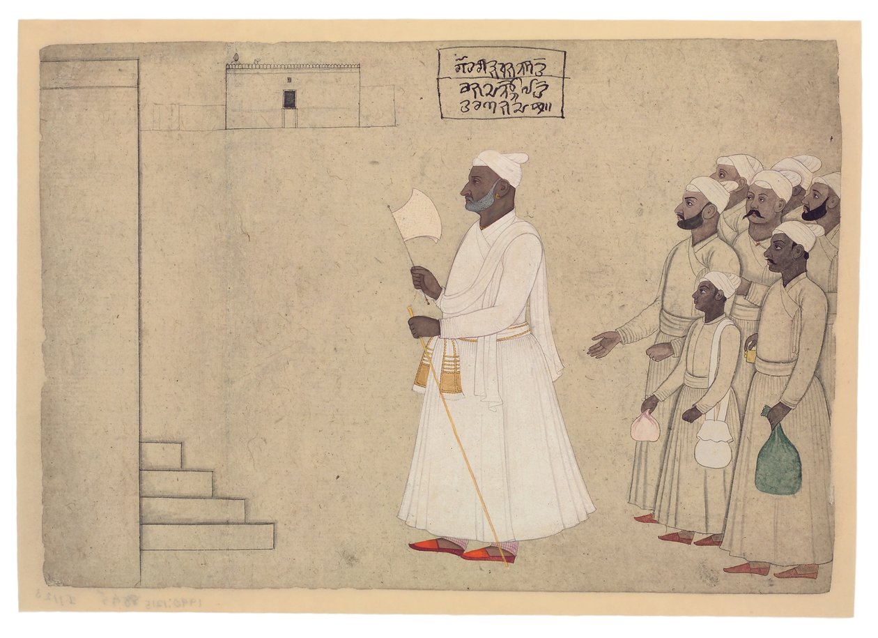 Pandit Hari Saran nærmer sig et palads, ca. 1755-60 (ugennemsigtigt wc og guld på papir) af The Family of Nainsukh