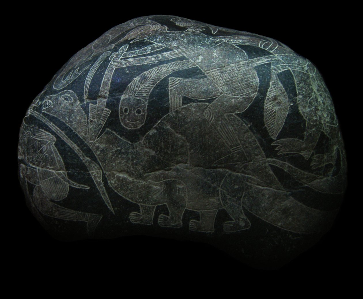 ica stenen. En mand, der dræber en dinosaur. af The Ica stones.