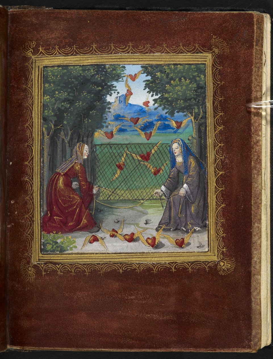 Stowe 955 f.13r Tjenestepiger og bevingede hjerter, miniature fra 
