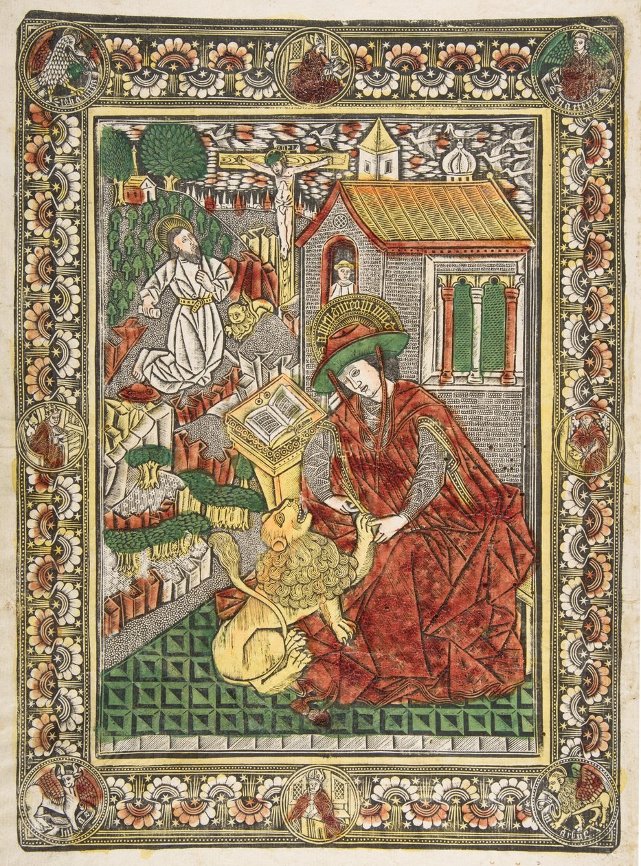 Sankt Hieronymus i bod og som lærd fjerner en torn fra en løvepote Sch...., ca. 1470-85. af The Master of the Mountainlike Clouds