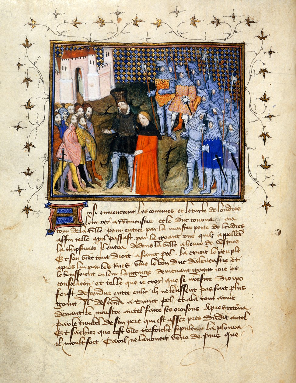 (Hele folio) Kong Richard II, ført til fange af Henry Bolingbroke til London, giver afkald på tronen; dekoreret kant med tekst nedenfor. af The Virgil Master