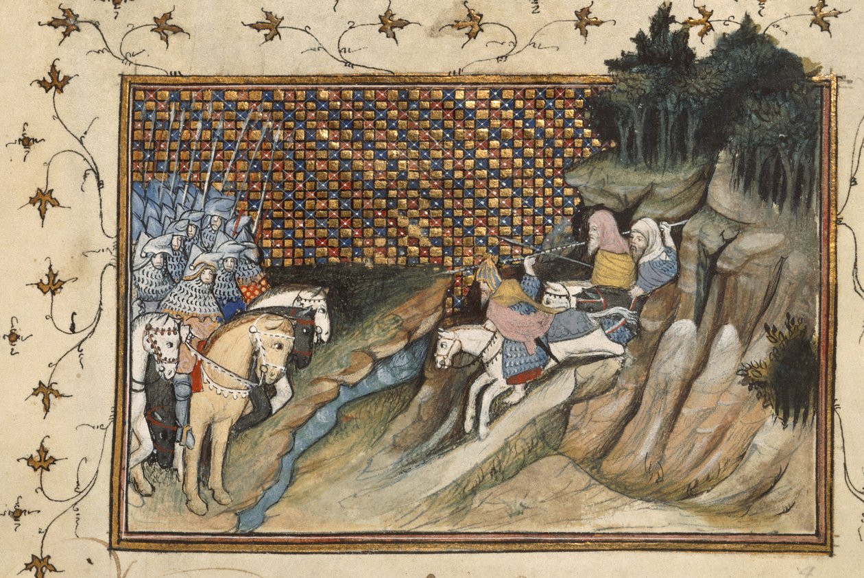 Harley 1319, f.9 Art Mór rider for at møde jarlen af Gloucester, fra 